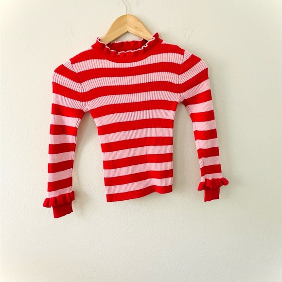 J. Crew Crewcuts Red & Blush Ruffle Turtleneck Ribbed Sweater - Picture 3 of 6